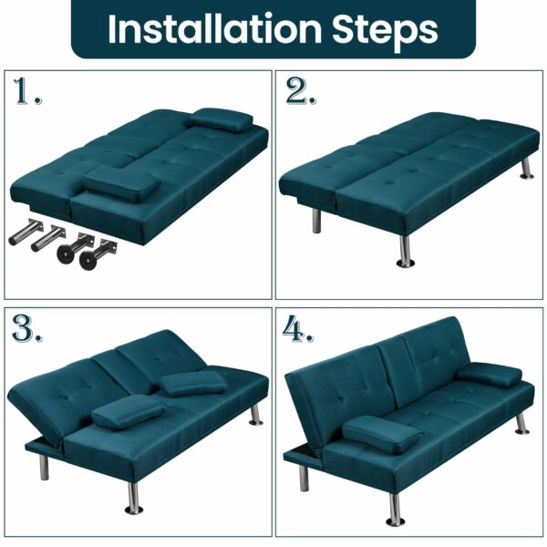 Sofa Bed Fabric Click Clack Sofa Bed with 2 Cup Holders Aqua Blue