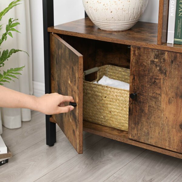 Rustic Brown and Black Industrial Bookshelf with Doors, 4 Shelves, Steel Frame