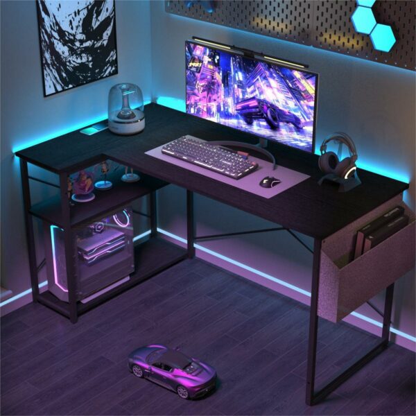 L-Shaped Gaming Desk 100x70 cm with Storage Shelves and Bag Black