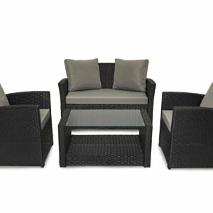 Rattan Garden Furniture Set – Black 4 Seater with Cushions & Glass Coffee Table