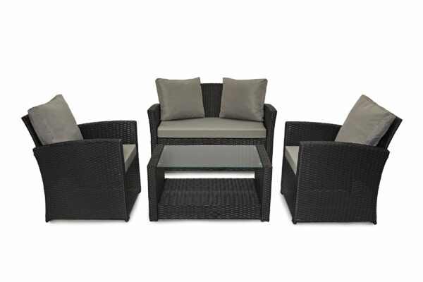 Rattan Garden Furniture Set – Black 4 Seater with Cushions & Glass Coffee Table