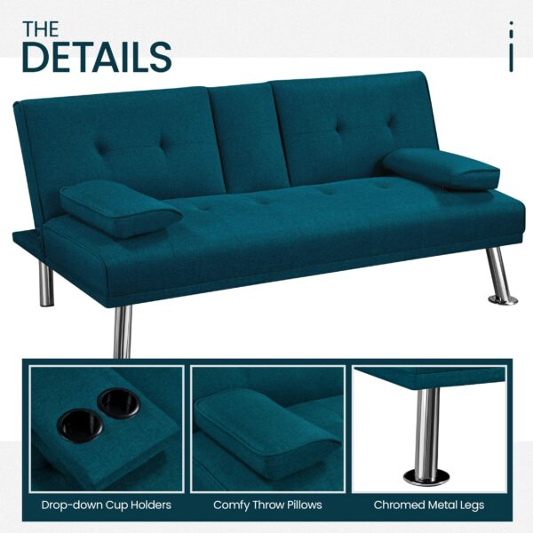 Sofa Bed Fabric Click Clack Sofa Bed with 2 Cup Holders Aqua Blue