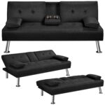 Sofa Bed Fabric Click Clack Sofa Bed with 2 Cup Holders Black