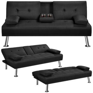 Sofa Bed Fabric Click Clack Sofa Bed with 2 Cup Holders Black