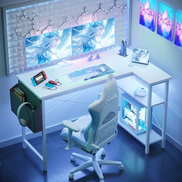 L-Shaped Gaming Desk 100x70 cm with Storage Shelves and Bag White
