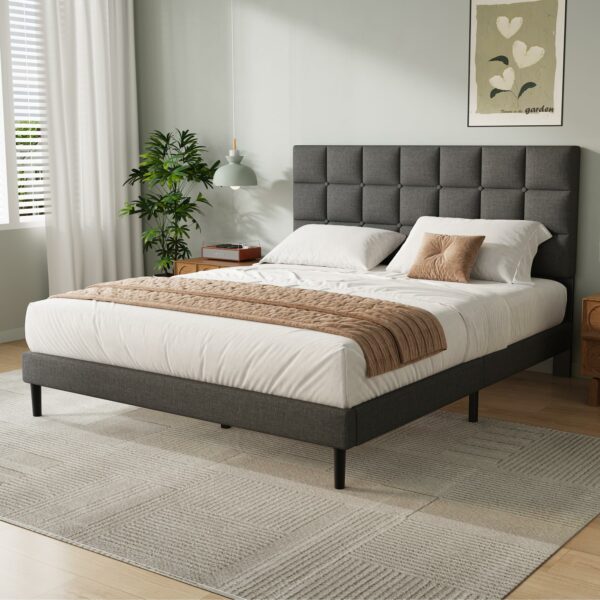 King Bed Frame Easy Assembly Upholstered Platform with Headboard Gray 150×200