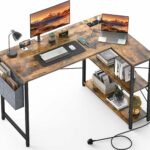 Corner Desk L-Shaped with Power Outlet and Shelves – Rustic Brown