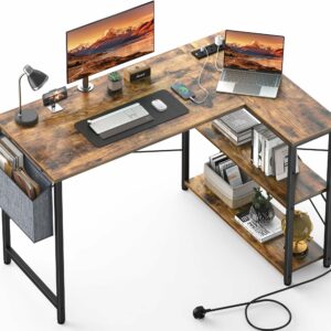 Corner Desk L-Shaped with Power Outlet and Shelves – Rustic Brown