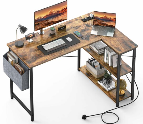 Corner Desk L-Shaped with Power Outlet and Shelves – Rustic Brown
