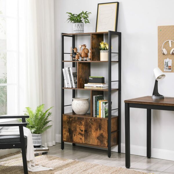 Rustic Brown and Black Industrial Bookshelf with Doors, 4 Shelves, Steel Frame