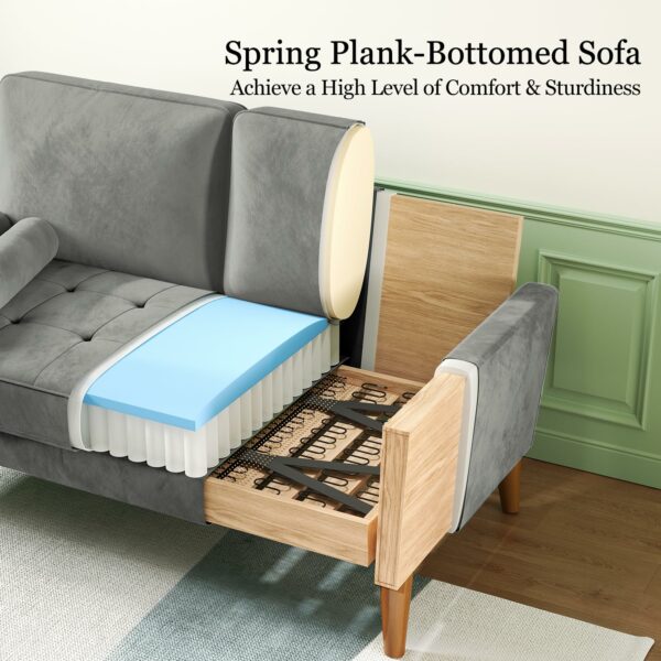 2 Seater Sofa Grey Comfy Sofa Couch with Spring Cushion Velvet Sofa with Wood Legs