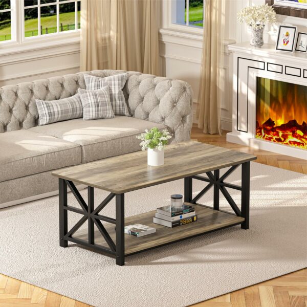 Coffee Table with 2-Tier Storage Grey Wash