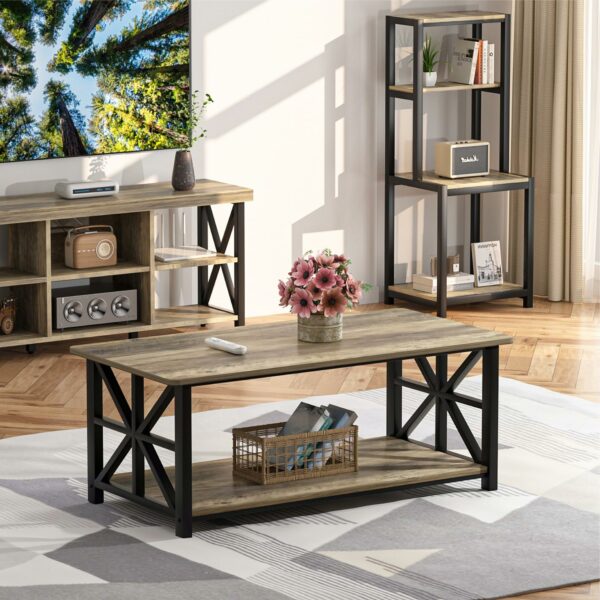 Coffee Table with 2-Tier Storage Grey Wash