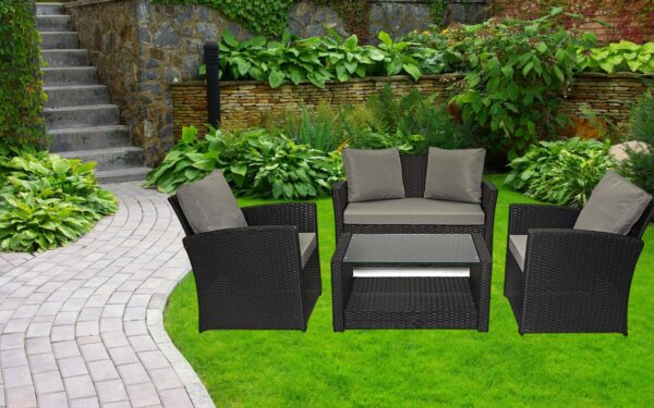 Rattan Garden Furniture Set – Black 4 Seater with Cushions & Glass Coffee Table