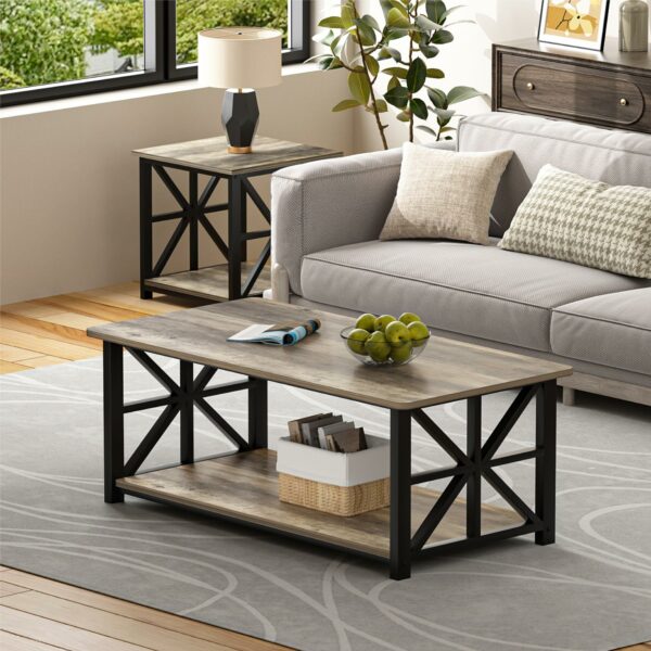 Coffee Table with 2-Tier Storage Grey Wash