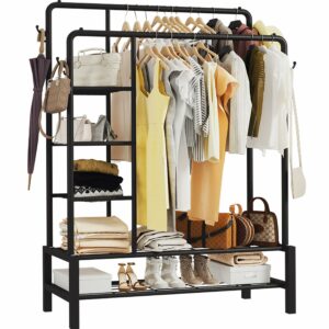 Black Metal Clothes Rail with Shoe Rack, Shelves & Coat Hooks, 120KG Capacity
