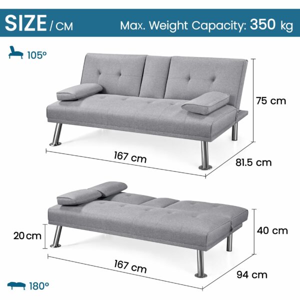 Sofa Bed Fabric Click Clack Sofa Bed with 2 Cup Holders Light Gray