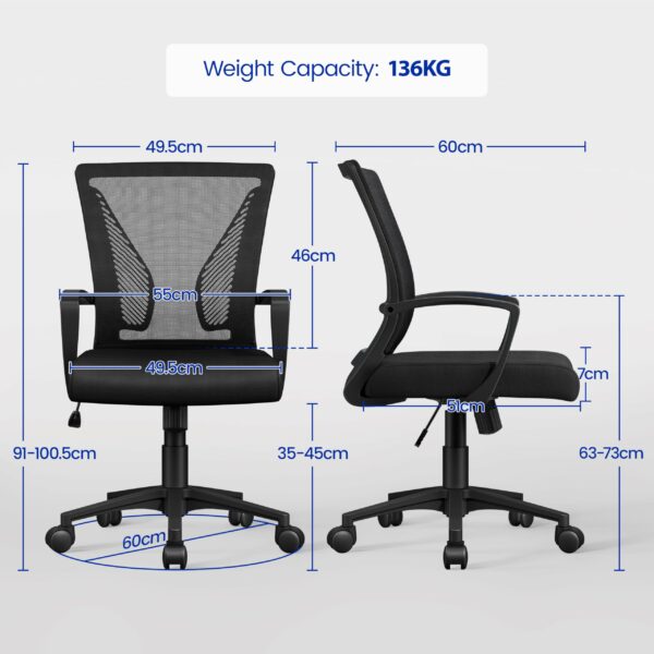 Adjustable Ergonomic Office Swivel Chair with Mesh Back and Arms, Height Adjustable for Home Office (Black)