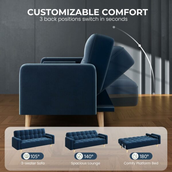 Modern Velvet Sofa Bed 3 Seater Click Clack Sofa Blue