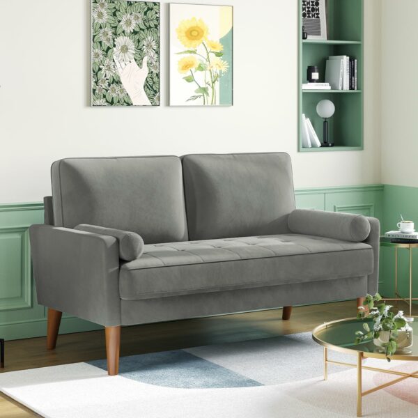 2 Seater Sofa Grey Comfy Sofa Couch with Spring Cushion Velvet Sofa with Wood Legs