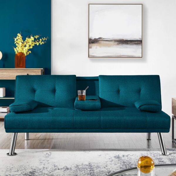 Sofa Bed Fabric Click Clack Sofa Bed with 2 Cup Holders Aqua Blue