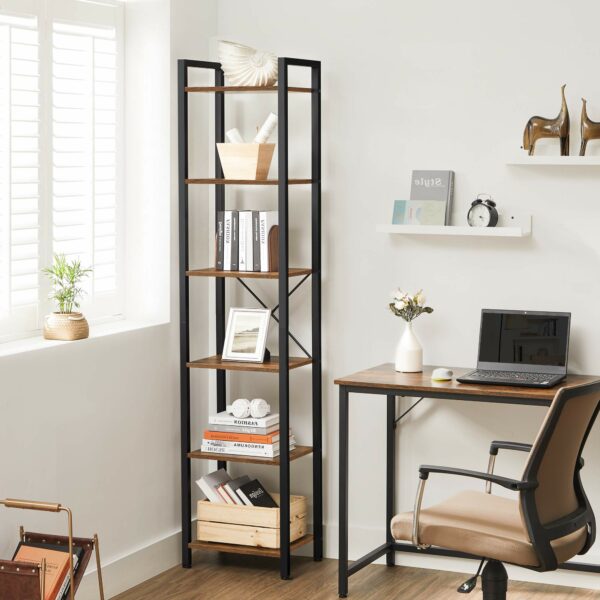 Industrial 6-Tier Bookshelf, Rustic Brown and Black