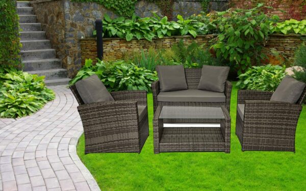 Rattan Garden Sofa Set – Grey 4 Seater with Cushions and Glass Coffee Table
