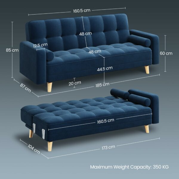 Modern Velvet Sofa Bed 3 Seater Click Clack Sofa Blue