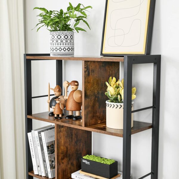 Rustic Brown and Black Industrial Bookshelf with Doors, 4 Shelves, Steel Frame