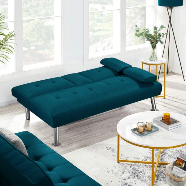 Sofa Bed Fabric Click Clack Sofa Bed with 2 Cup Holders Aqua Blue