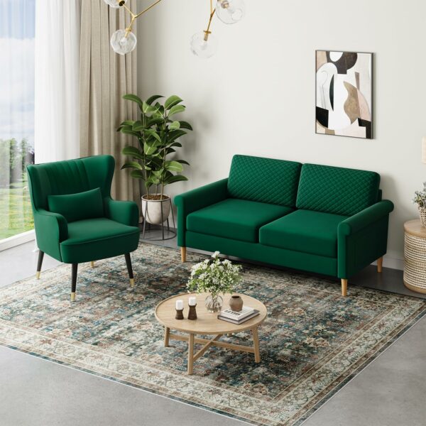 Velvet 2 Seater Sofa with Bilateral Pocket Storage Green