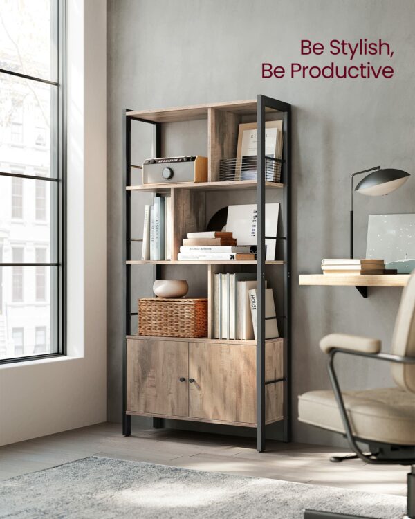 Industrial Toasted Oak and Black Bookshelf with Doors, 4 Shelves, Steel Frame