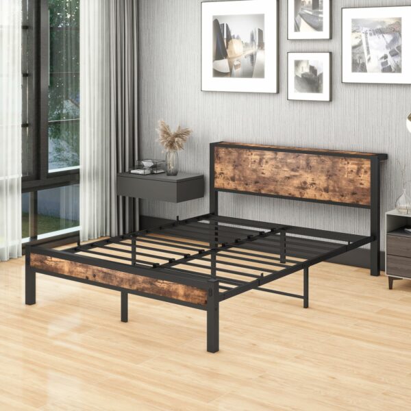 King Size Bed Frame with Storage Wooden Headboard 150×200cm