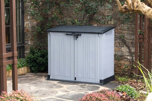 Outdoor Garden Storage Shed, Light Grey with Dark Grey Lid, Weather-Resistant, 5-Year Warranty