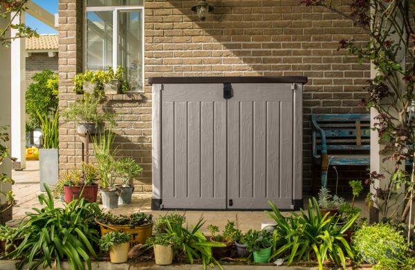 Outdoor Garden Storage Shed, Beige with Brown Lid, Weather-Resistant, 5-Year Warranty