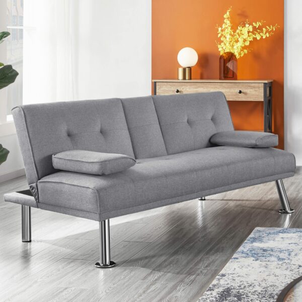Sofa Bed Fabric Click Clack Sofa Bed with 2 Cup Holders Light Gray