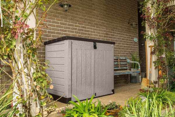 Outdoor Garden Storage Shed, Beige with Brown Lid, Weather-Resistant, 5-Year Warranty