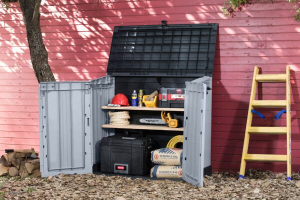 Outdoor Garden Storage Shed, Light Grey with Dark Grey Lid, Weather-Resistant, 5-Year Warranty