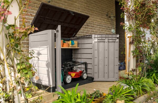 Outdoor Garden Storage Shed, Beige with Brown Lid, Weather-Resistant, 5-Year Warranty