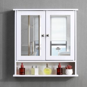 White Bathroom Wall Cabinet – Double Mirrored Doors