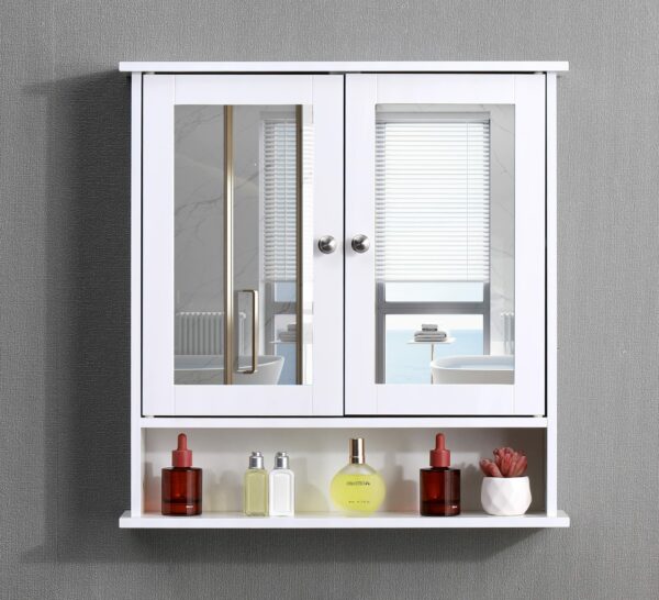 White Bathroom Wall Cabinet – Double Mirrored Doors
