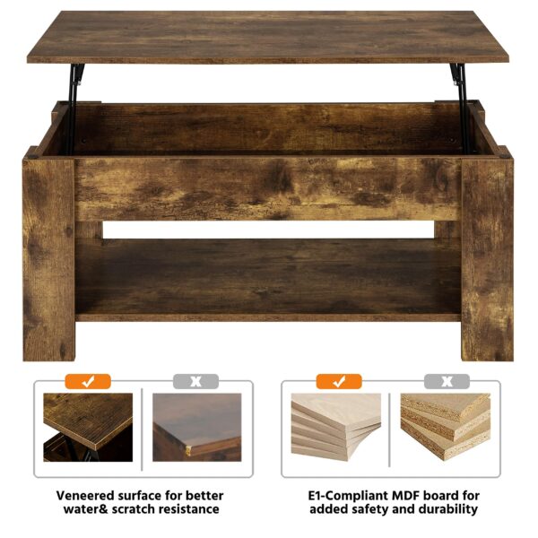 Lift Up Coffee Table Wooden Lifting Coffee Table with Hidden Storage Rustic Brown