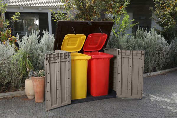 Outdoor Garden Storage Shed, Beige with Brown Lid, Weather-Resistant, 5-Year Warranty