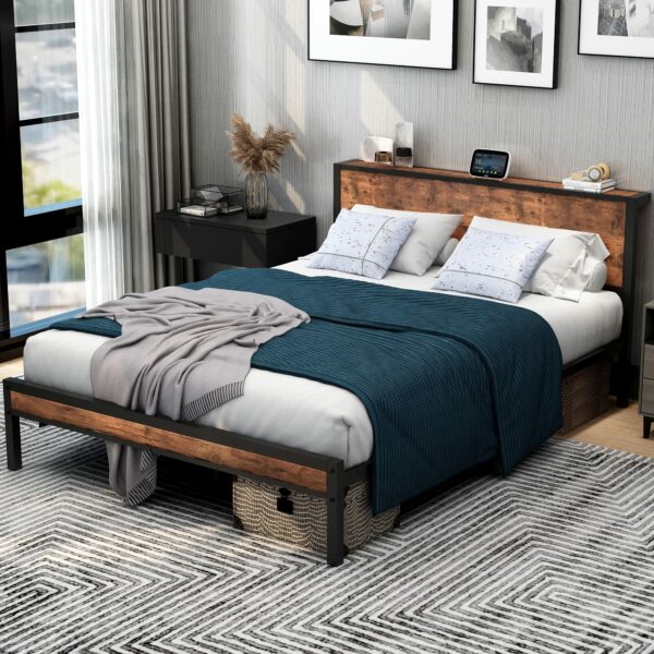 King Size Bed Frame with Storage Wooden Headboard 150×200cm