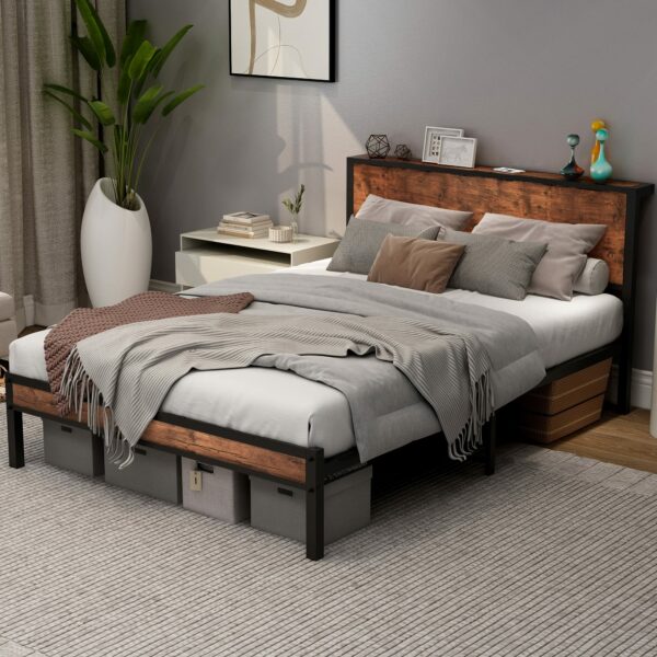 Double Size Bed Frame with Storage Wooden Headboard 135×190cm
