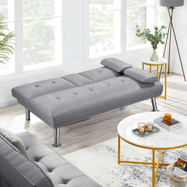 Sofa Bed Fabric Click Clack Sofa Bed with 2 Cup Holders Light Gray