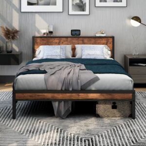 King Size Bed Frame with Storage Wooden Headboard 150×200cm
