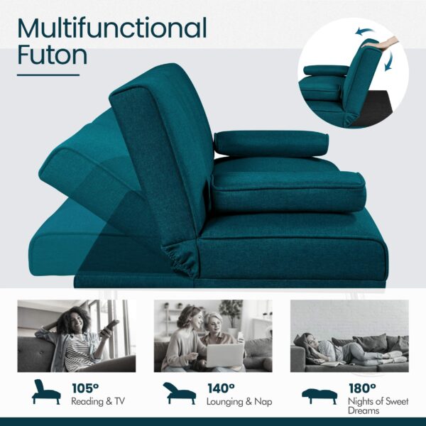 Sofa Bed Fabric Click Clack Sofa Bed with 2 Cup Holders Aqua Blue