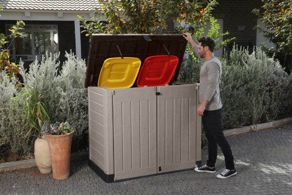 Outdoor Garden Storage Shed, Beige with Brown Lid, Weather-Resistant, 5-Year Warranty