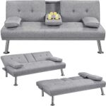 Sofa Bed Fabric Click Clack Sofa Bed with 2 Cup Holders Light Gray